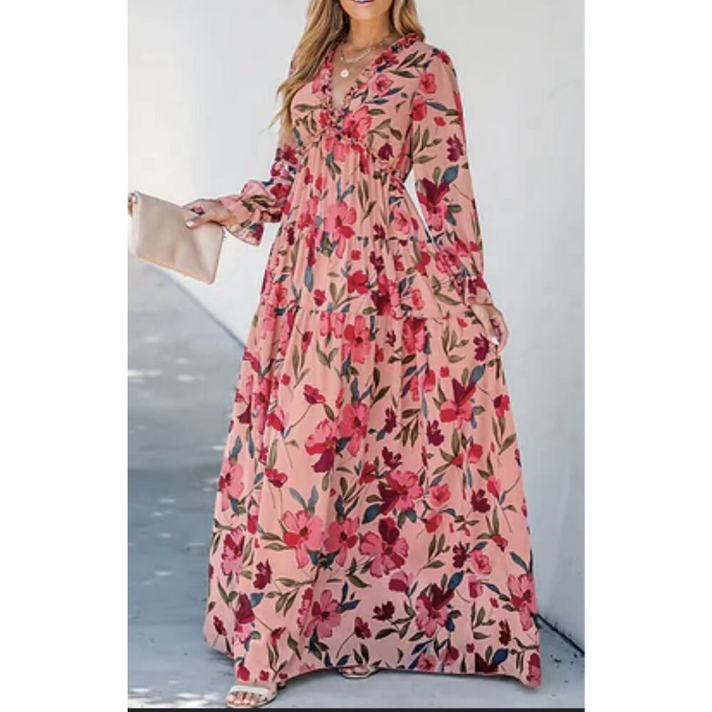 Romantic Floral Tiered Ruffle Ethereal Whimsical Extra Long Maxi Dress - Picture 2 of 10